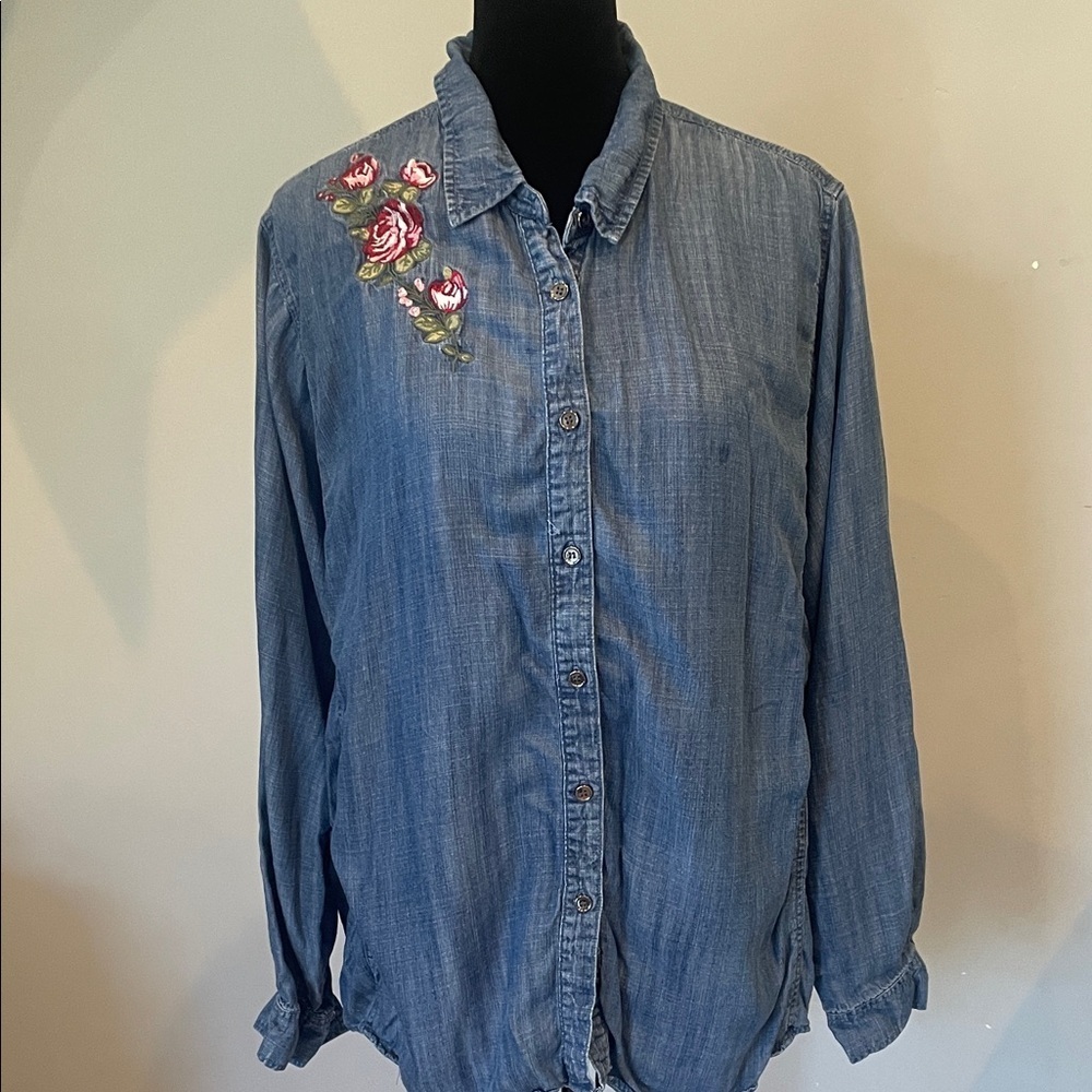 Embroidered Denim Shirt with Floral Design